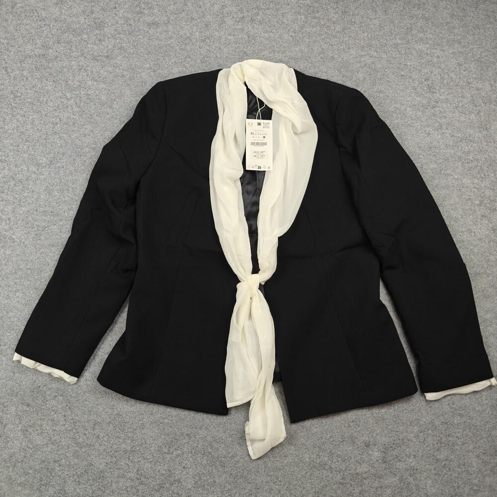 ZARA Blazer Womens XL Black Lined Tailored Stretch Jacket With Scarf Workwear